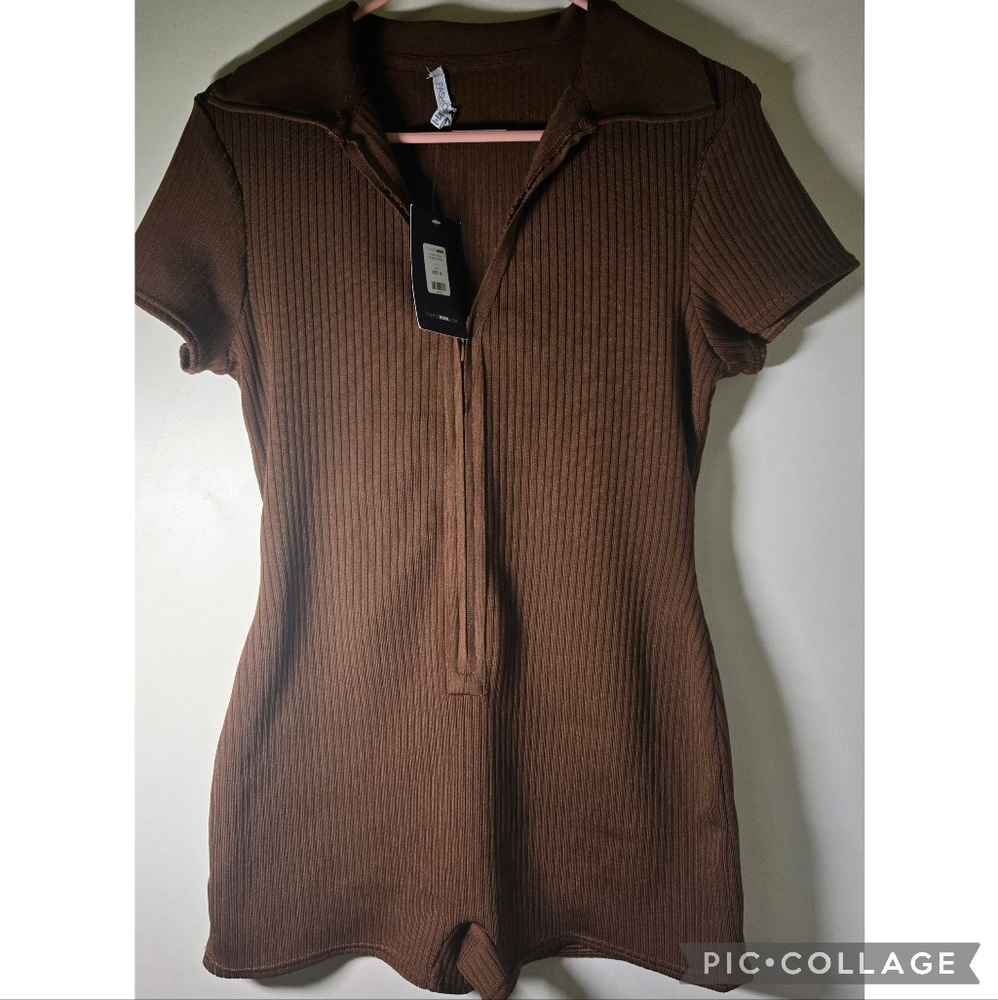Fashion Nova Brown Ribbed Short Sleeve Romper